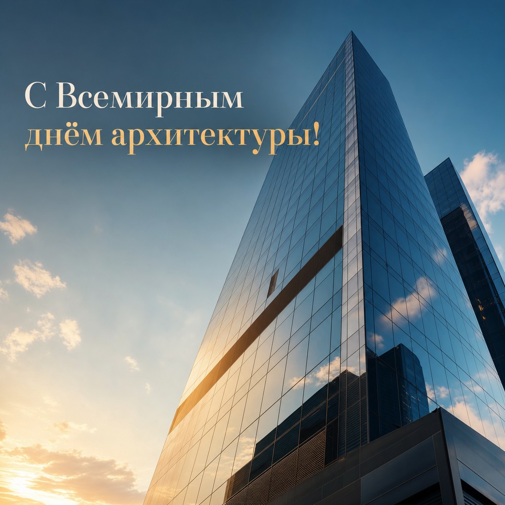 Премиальная открытка с современным стеклянным небоскрёбом и рассветным светом ко Всемирному дню архитектуры.