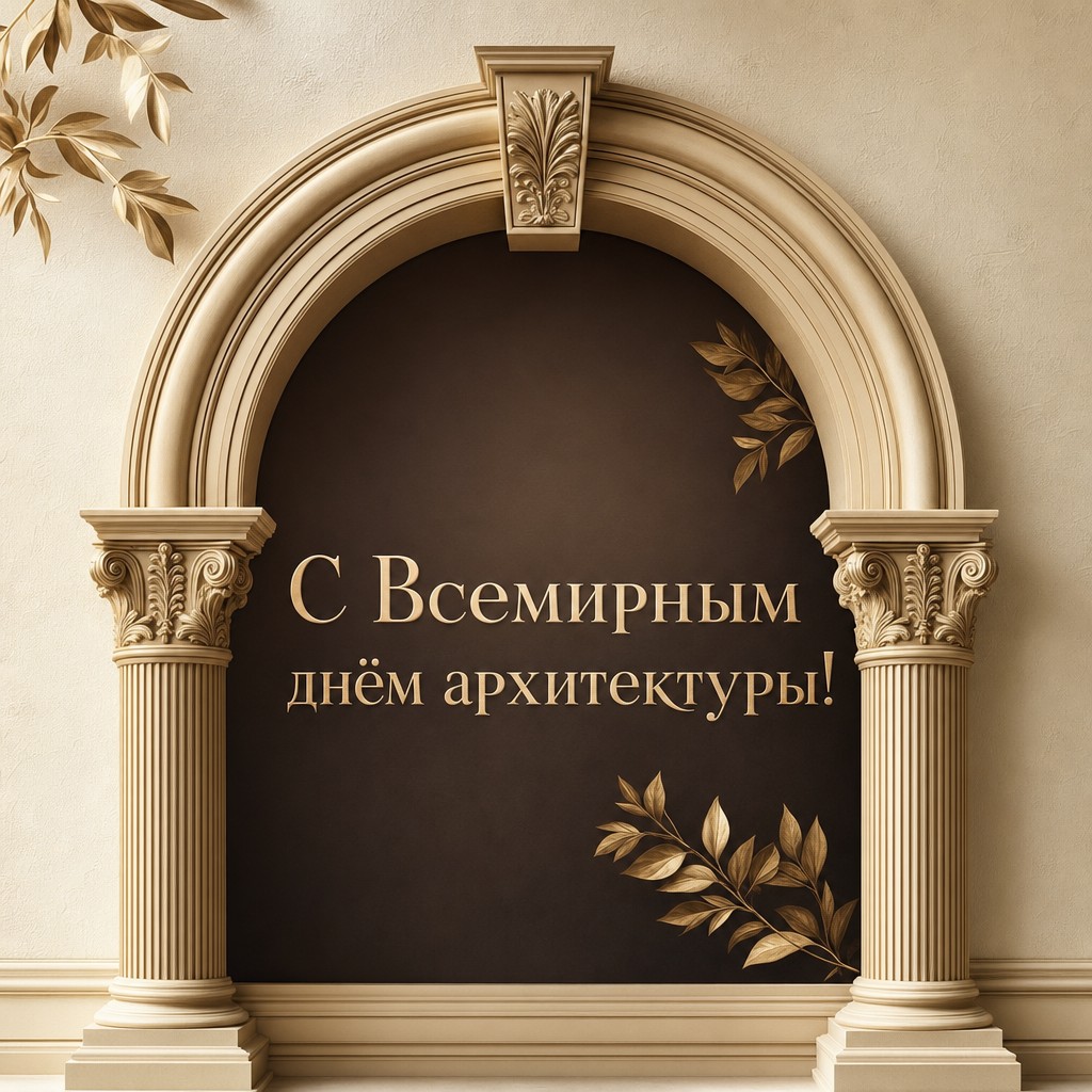 Элегантная открытка с золотой классической аркой на премиальном фоне ко Всемирному дню архитектуры.