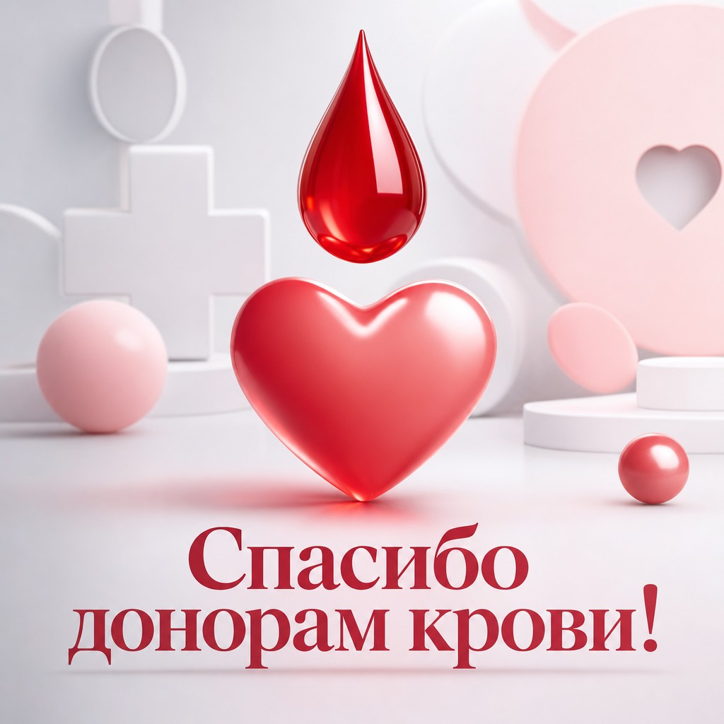 Светлая 3D-открытка ко Всемирному дню донора крови с объёмной каплей и сердцем.