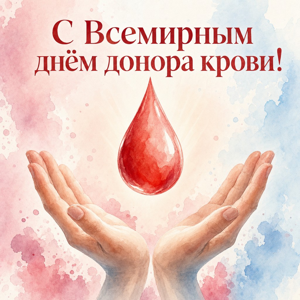 Нежная акварельная открытка ко Всемирному дню донора крови с руками и красной каплей.