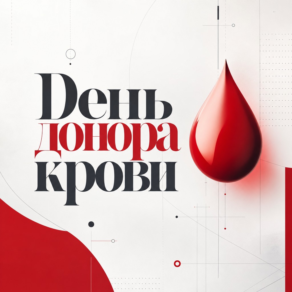 Современная открытка ко Всемирному дню донора крови с чистой композицией и алой каплей.