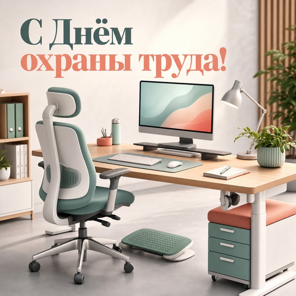 Открытка ко Всемирному дню охраны труда с эргономичным рабочим местом в 3D-стиле.