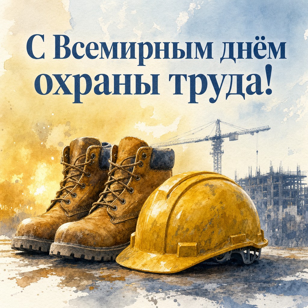 Акварельная открытка ко Всемирному дню охраны труда с каской, ботинками и стройкой.