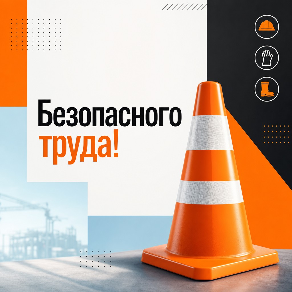 Современная открытка ко Всемирному дню охраны труда с рабочим конусом и пиктограммами безопасности.