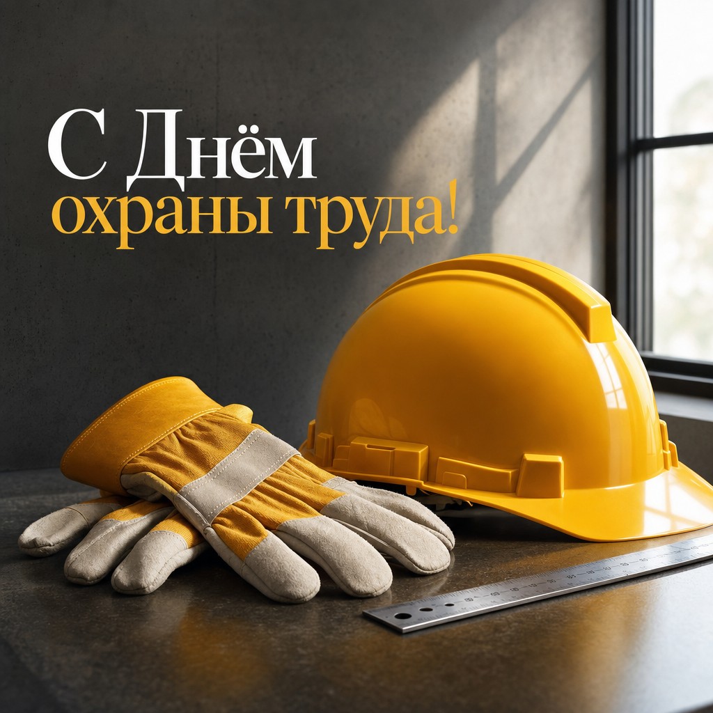 Премиальная открытка ко Всемирному дню охраны труда с защитной каской и перчатками.
