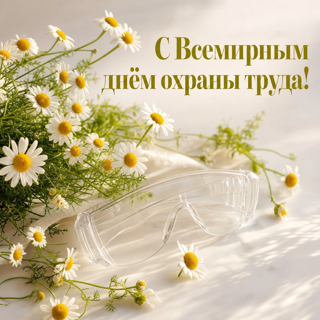 Нежная открытка ко Всемирному дню охраны труда с защитными очками и ромашками.