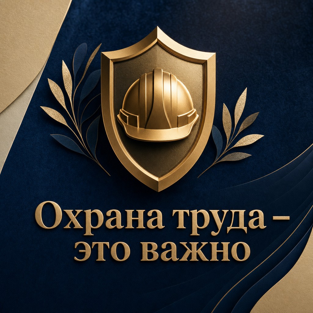 Стильная премиальная открытка ко Всемирному дню охраны труда с золотым щитом и каской.