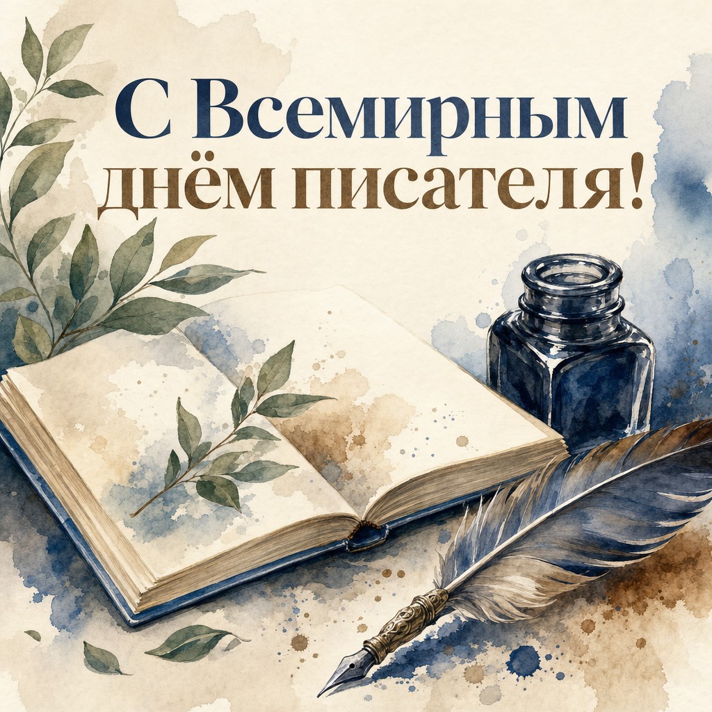 Акварельная открытка к Всемирному дню писателя с открытым блокнотом, чернильницей и пером.