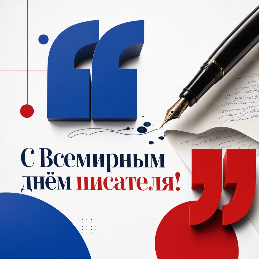 Современная открытка к Всемирному дню писателя с графичными кавычками и перьевой ручкой.