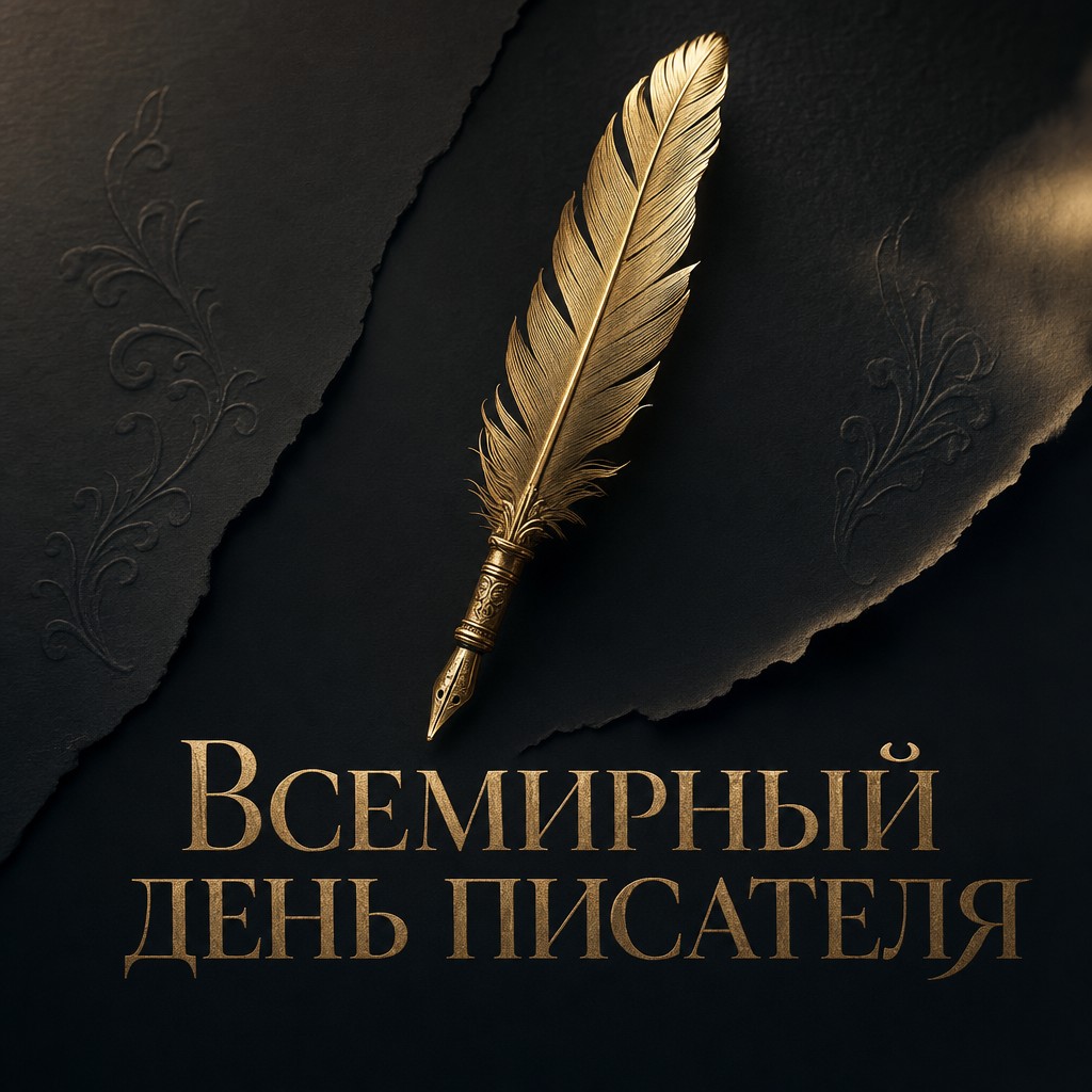 Премиальная открытка к Всемирному дню писателя с золотым пером на чёрном фоне.