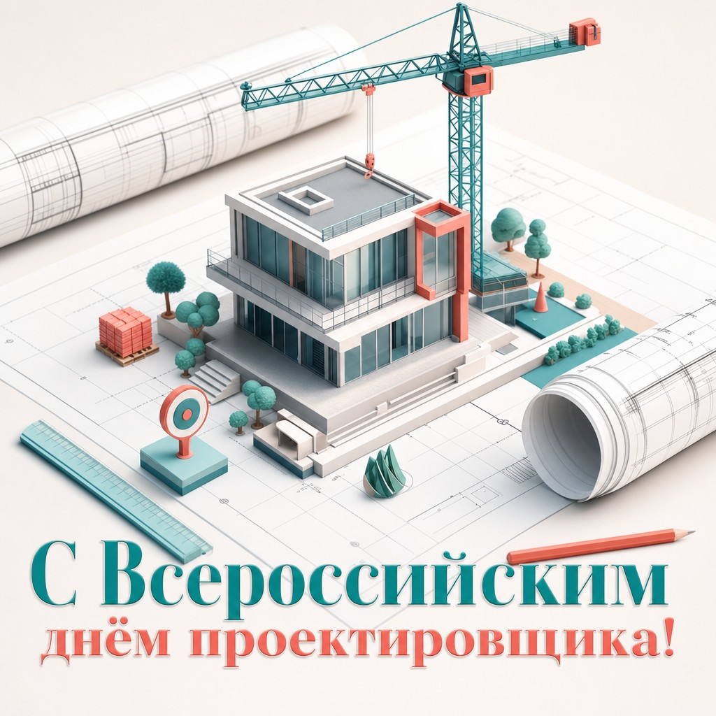 Современная 3D-открытка ко Дню проектировщика с миниатюрной стройплощадкой на плане.
