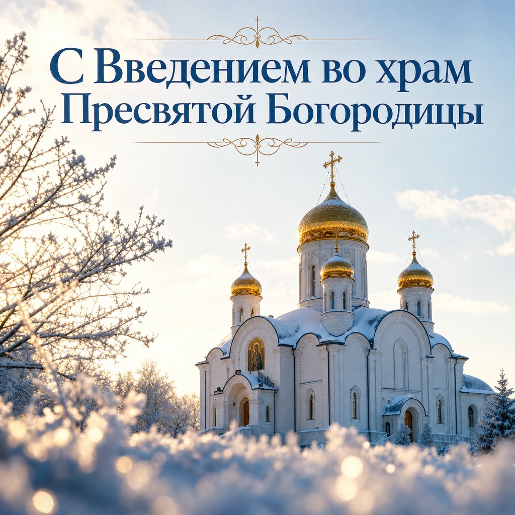 Светлая открытка к Введению во храм Пресвятой Богородицы с белокаменным храмом, снегом и золотыми куполами.