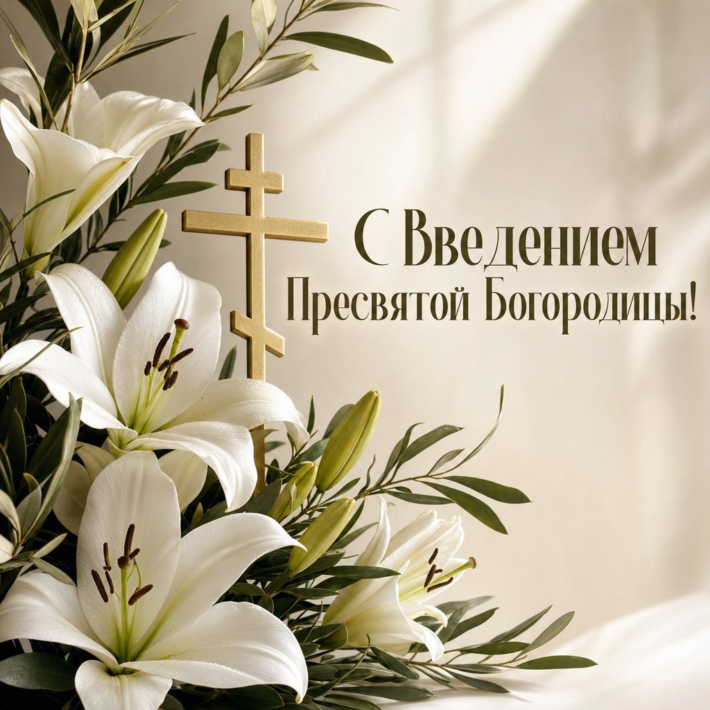 Элегантная открытка к Введению во храм Пресвятой Богородицы с белыми лилиями и золотым крестом.