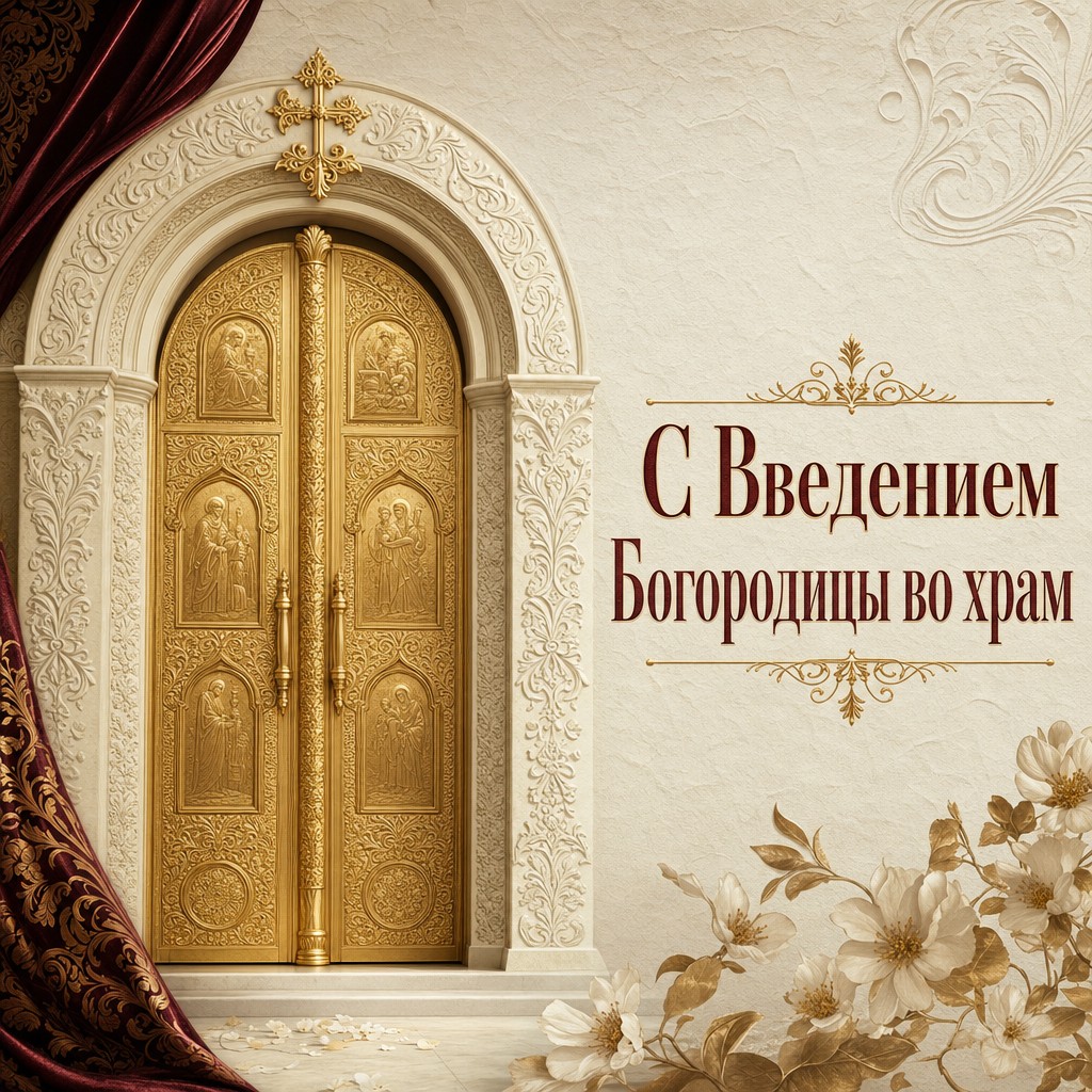 Премиальная открытка к Введению во храм Пресвятой Богородицы с золотыми церковными вратами и благородной палитрой.