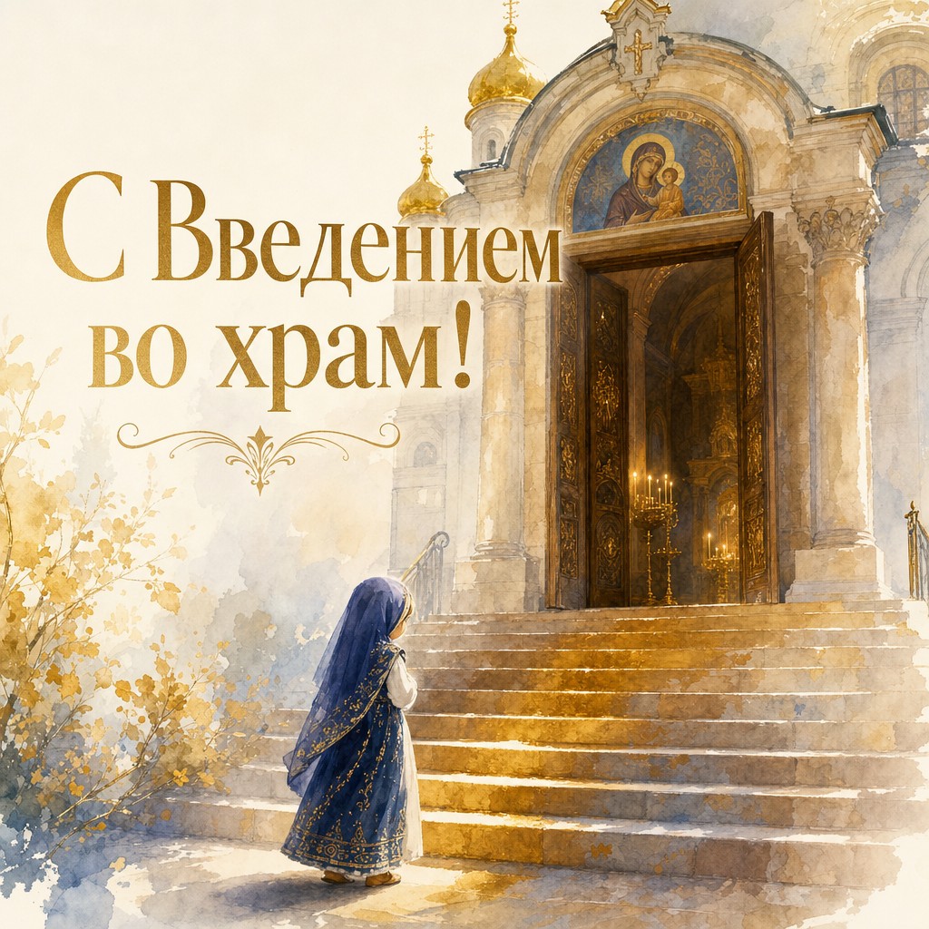 Нежная акварельная открытка к Введению во храм Пресвятой Богородицы со светлыми храмовыми ступенями.
