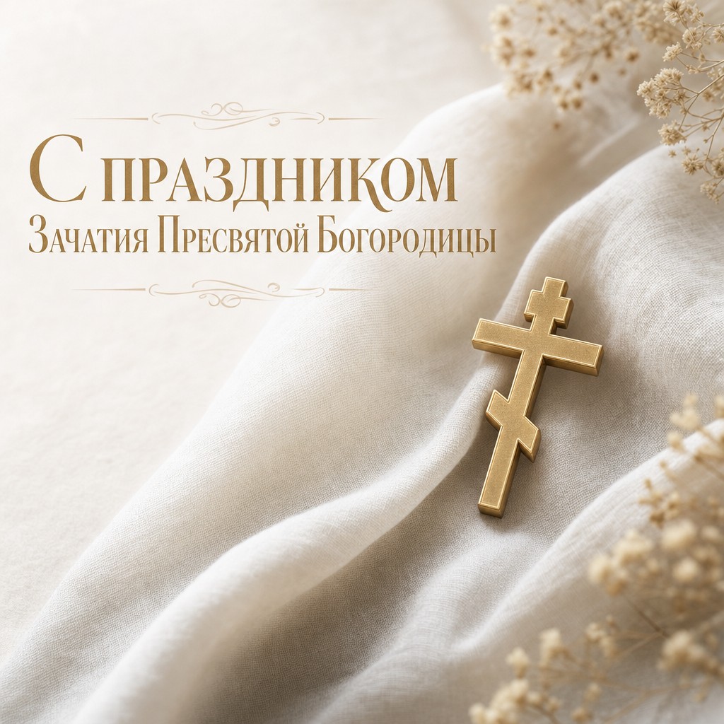 Минималистичная открытка на Зачатие праведной Анною Пресвятой Богородицы с золотым крестом на льне.