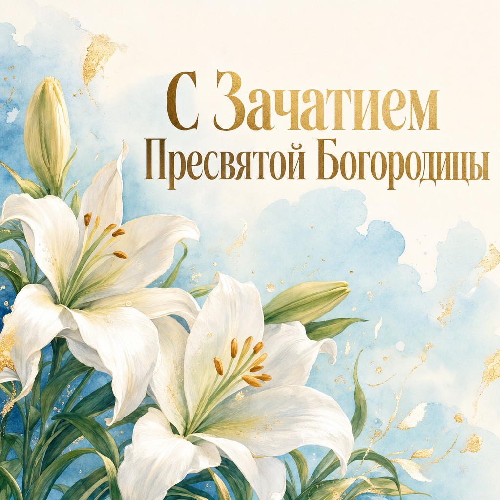 Нежная акварельная открытка на Зачатие праведной Анною Пресвятой Богородицы с белыми лилиями.
