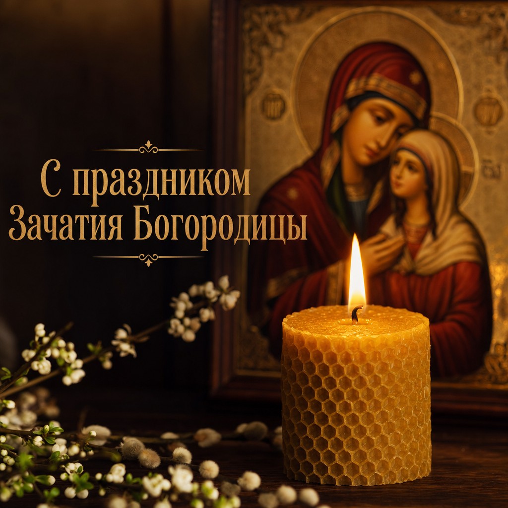 Тёплая православная открытка на Зачатие праведной Анною Пресвятой Богородицы со свечой у образа.