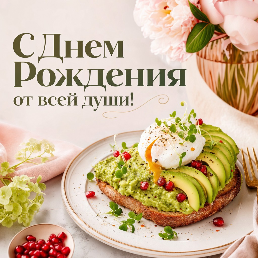 Люксовая открытка с авокадо для поздравления с Днем Рождения.