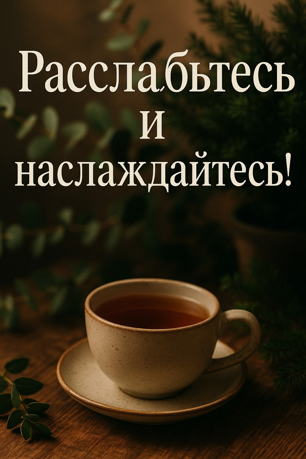 Расслабьтесь с этой уютной открыткой о хорошем дне с чашкой чая.