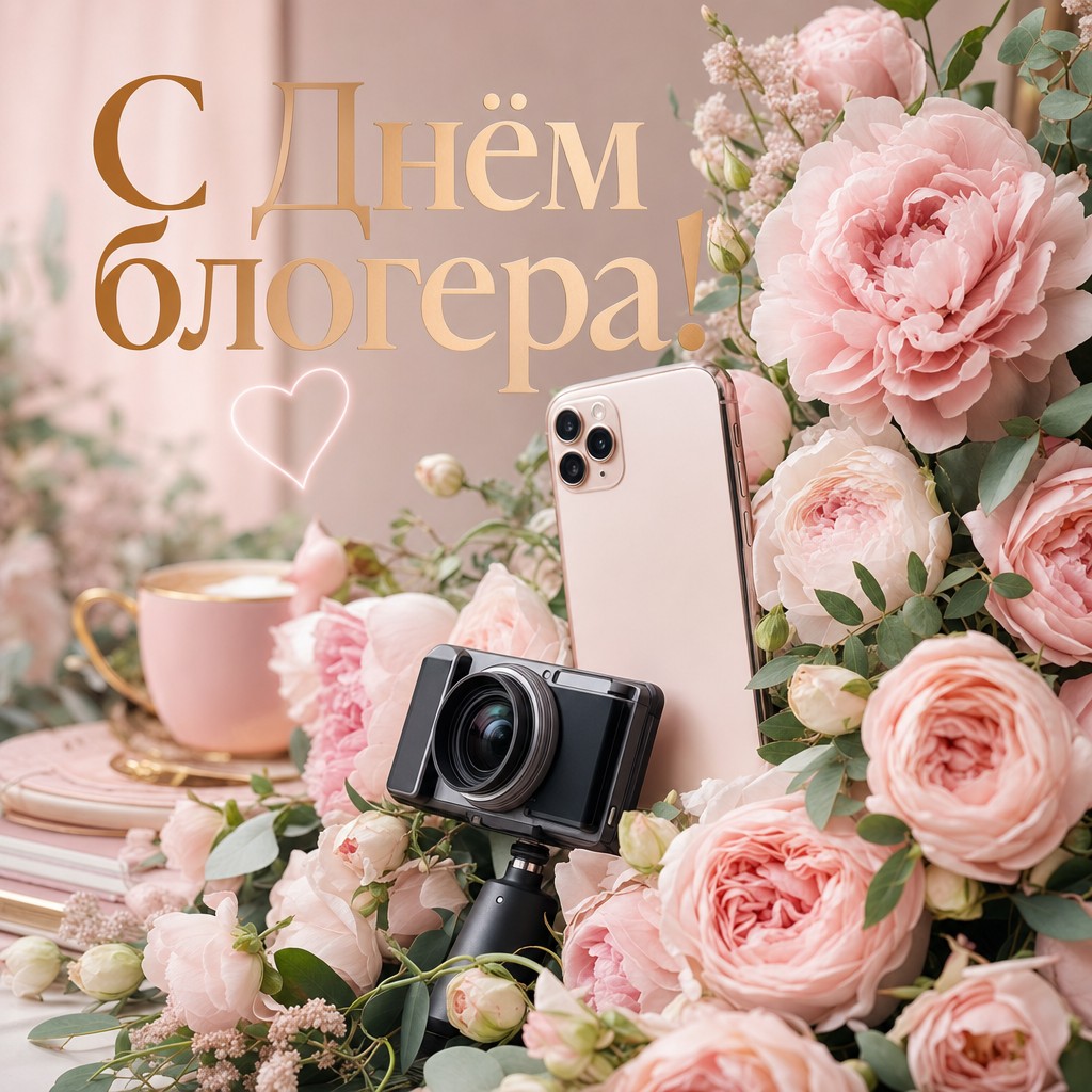 Нежная цветочная открытка с Днём блогера: пионы, смартфон и камера в светлой премиальной композиции.