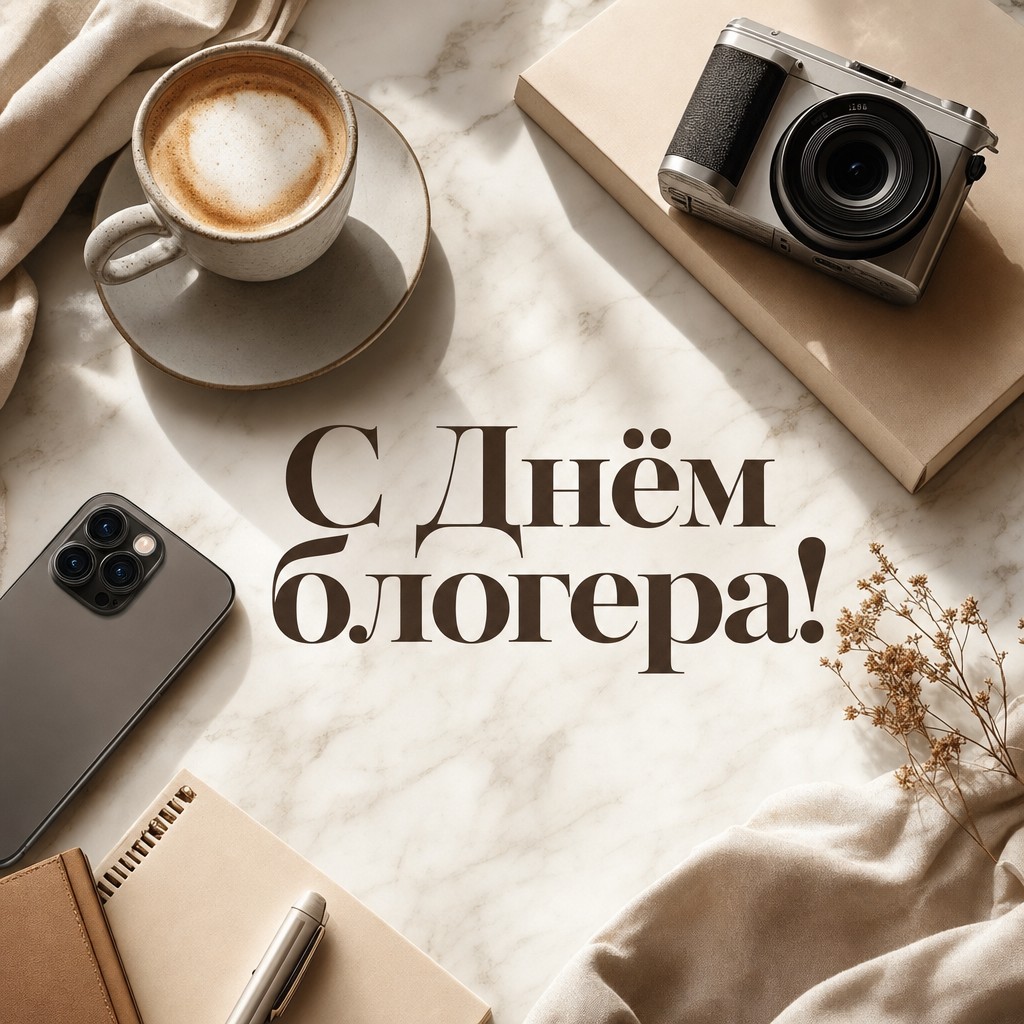 Стильная открытка с Днём блогера: смартфон, кофе и камера в премиальной светлой раскладке.