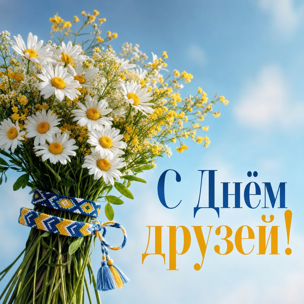 Светлая открытка с Днем Друзей с ромашками и дружескими браслетами — нежный знак внимания для близкого человека.