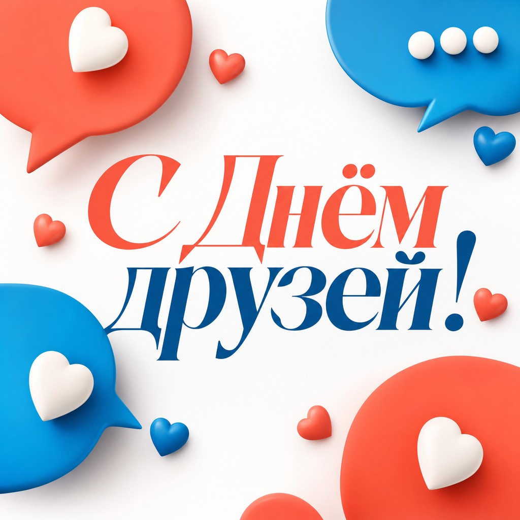 Современная открытка с Днем Друзей с яркими чат-бабблами и сердцами — как теплое сообщение близкому другу.