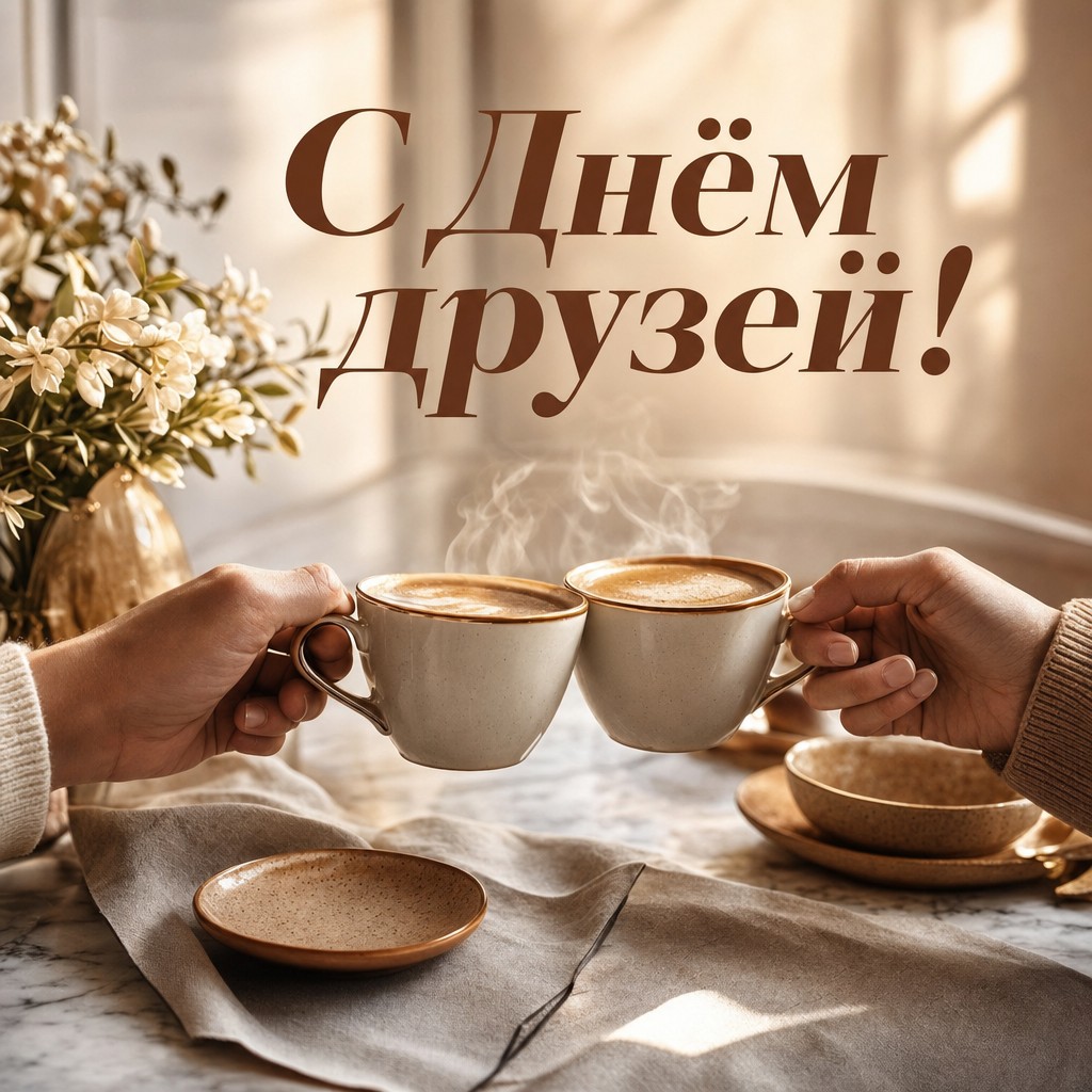 Теплая открытка с Днем Друзей: две чашки кофе, уютная атмосфера и настроение встречи с близким человеком.
