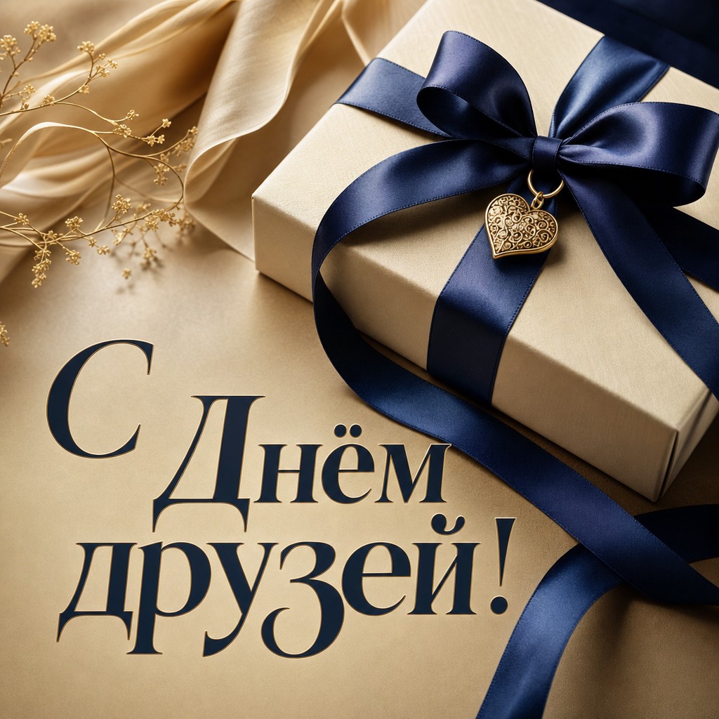 Премиальная открытка с Днем Друзей: стильная подарочная коробка с лентой и золотым сердцем для теплого поздравления.