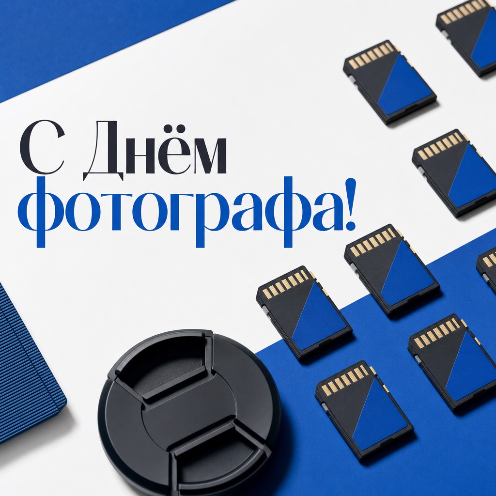 Современная открытка ко Дню фотографа с картами памяти, кобальтовыми акцентами и чистой композицией.