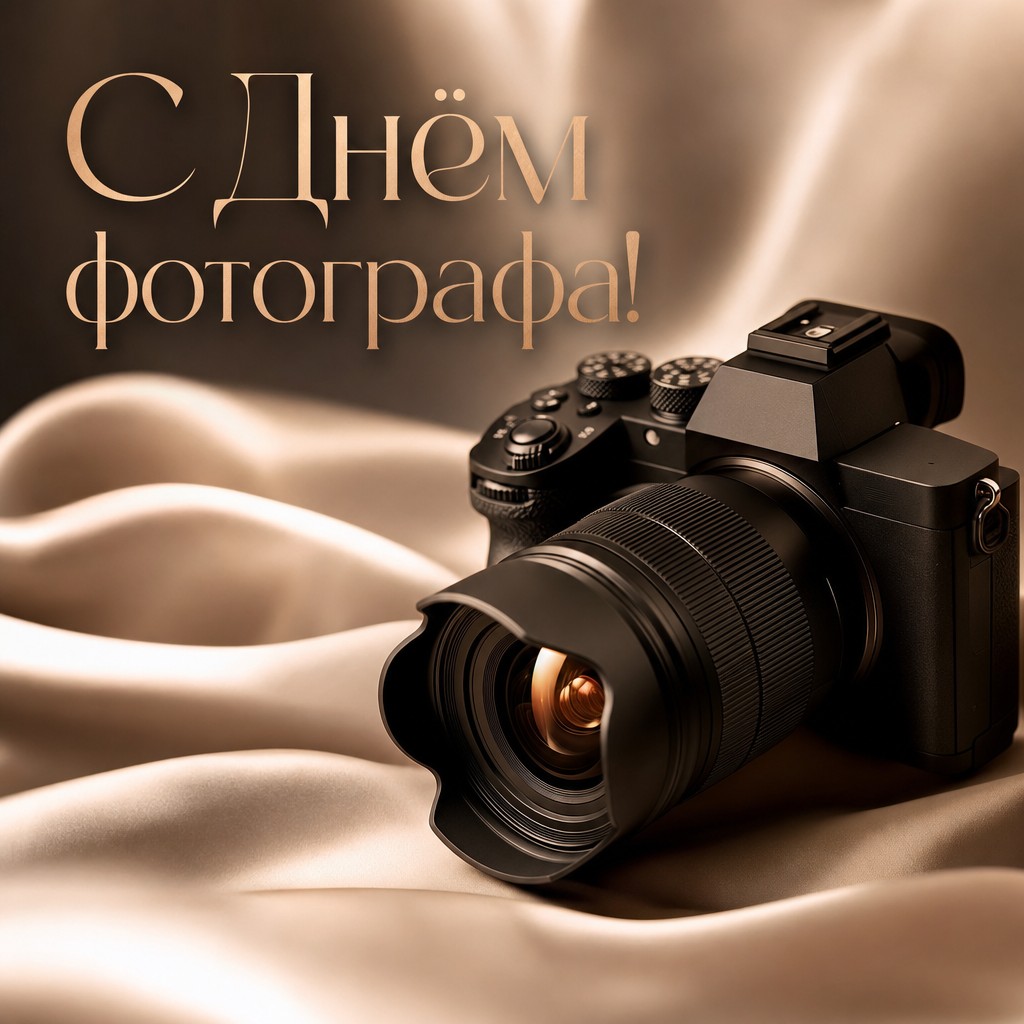 Стильная открытка ко Дню фотографа с профессиональной камерой, тёплым светом и премиальной атмосферой.