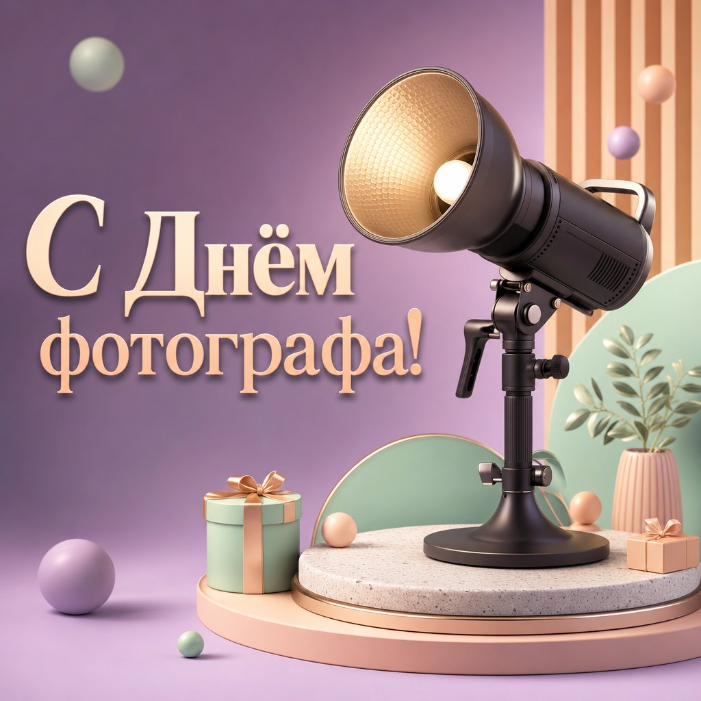 Пастельная 3D-открытка ко Дню фотографа со студийной вспышкой, мягким светом и лёгким праздничным настроением.