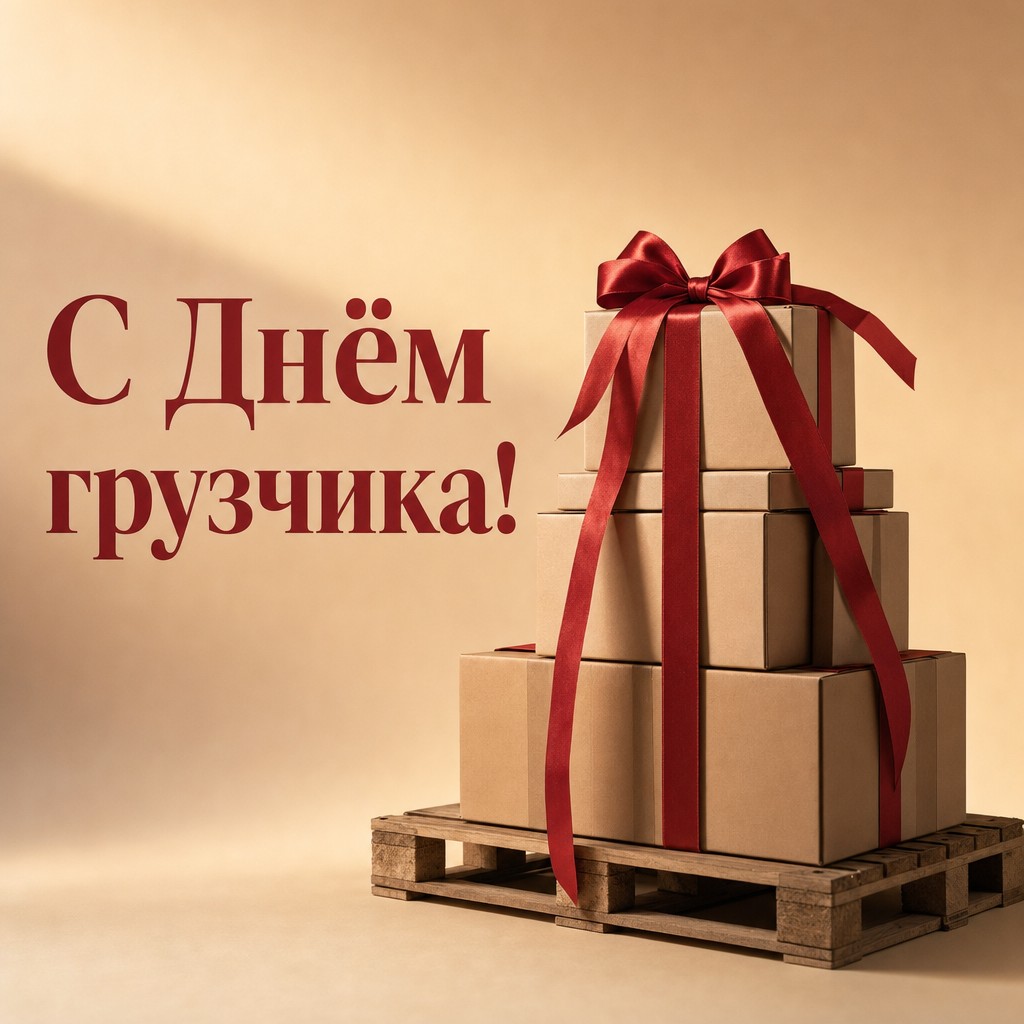 Стильная открытка с Днём грузчика: паллета, коробки и праздничная лента в премиальной фотостилистике.