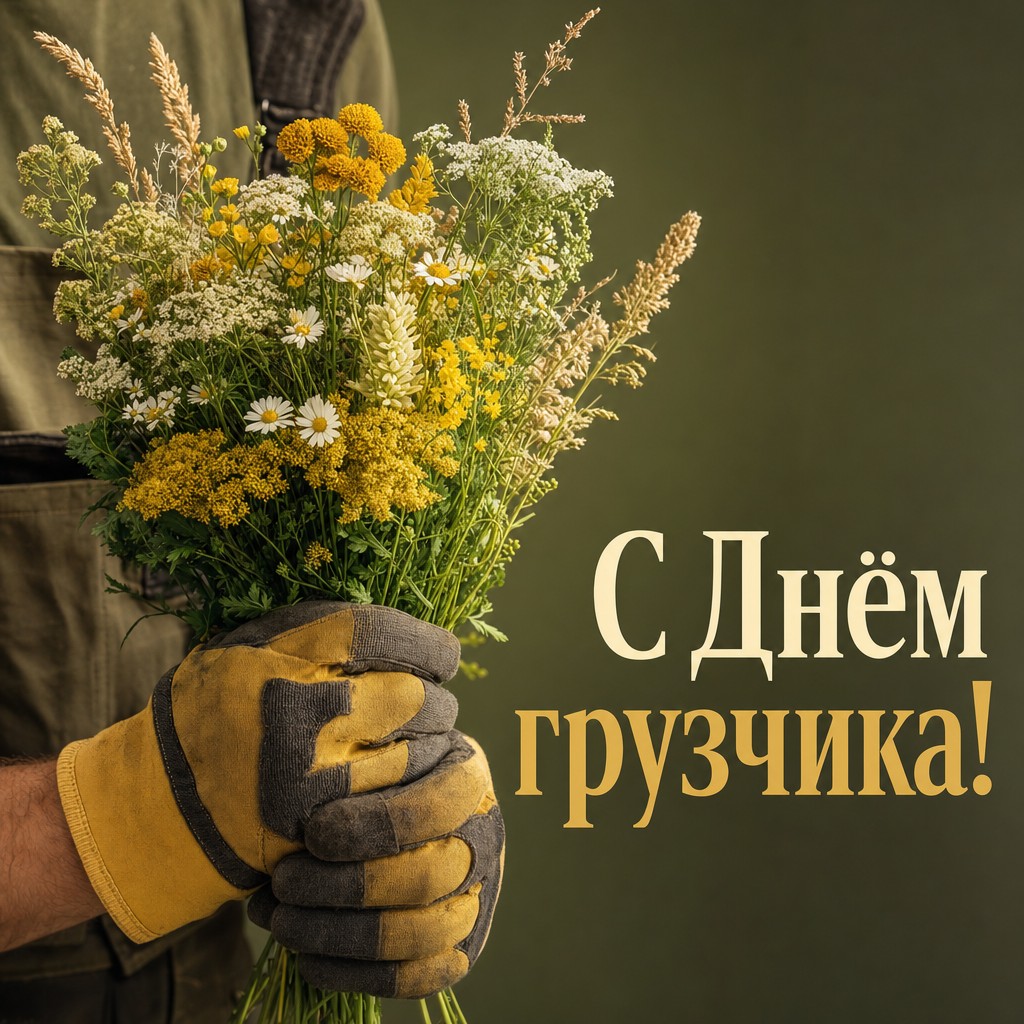 Тёплая открытка с Днём грузчика с рабочими перчатками и реалистичным букетом цветов.