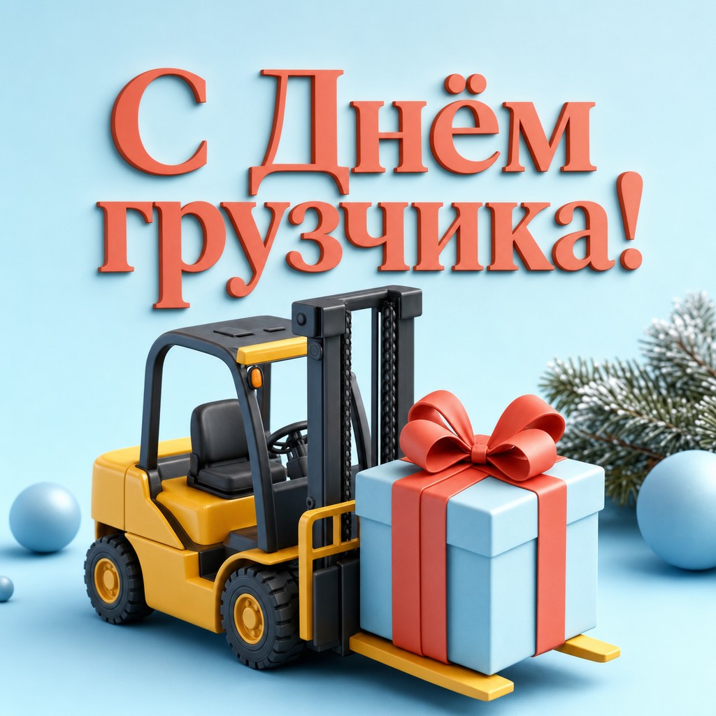 Яркая 3D открытка с Днём грузчика: вилочный погрузчик везёт праздничный подарок.