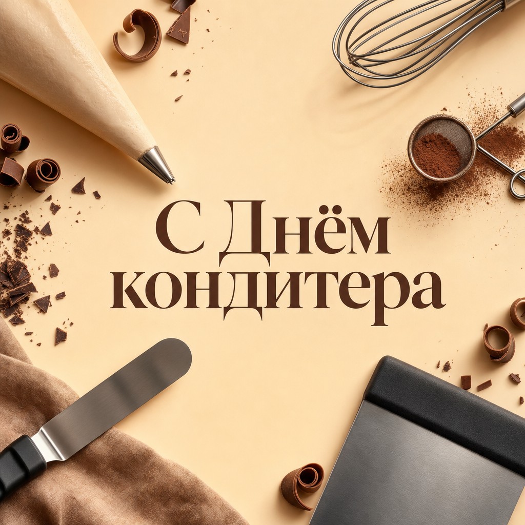 Современная открытка ко Дню кондитера с профессиональными инструментами и чистой композицией.