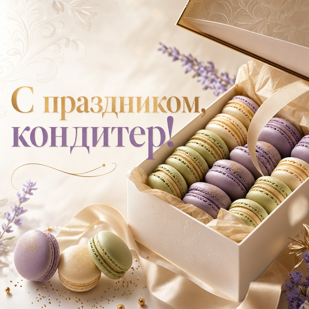 Стильная открытка с Днём кондитера: макароны в подарочной коробке, лента и золотые акценты.