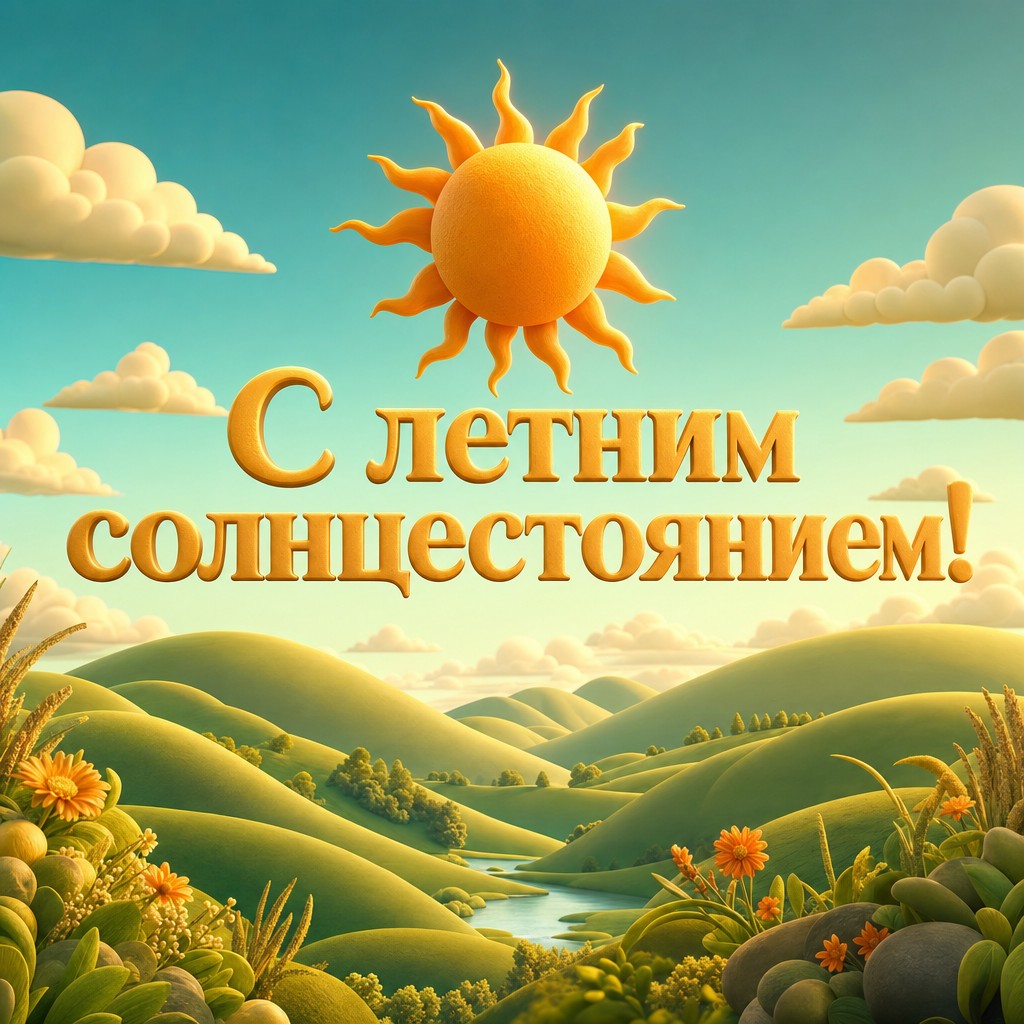 Яркая 3D открытка ко Дню летнего солнцестояния с объёмным солнцем, зелёными холмами и мягким светом.