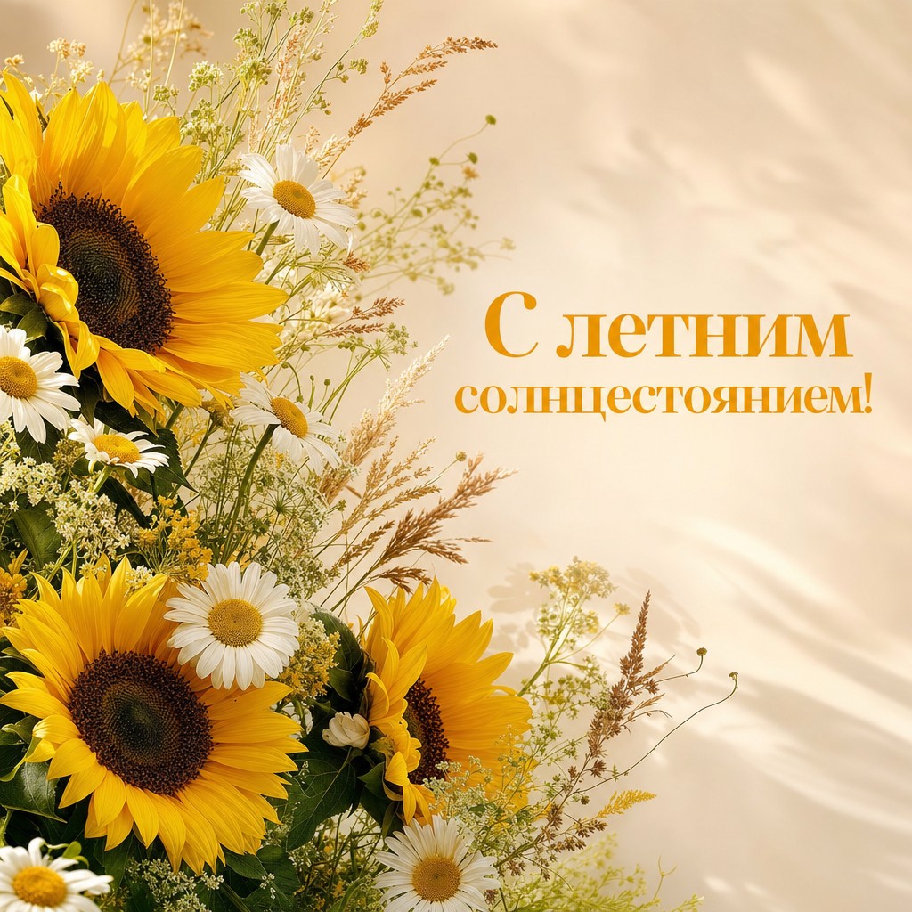 Красивая открытка ко Дню летнего солнцестояния с подсолнухами, ромашками и мягким солнечным настроением.