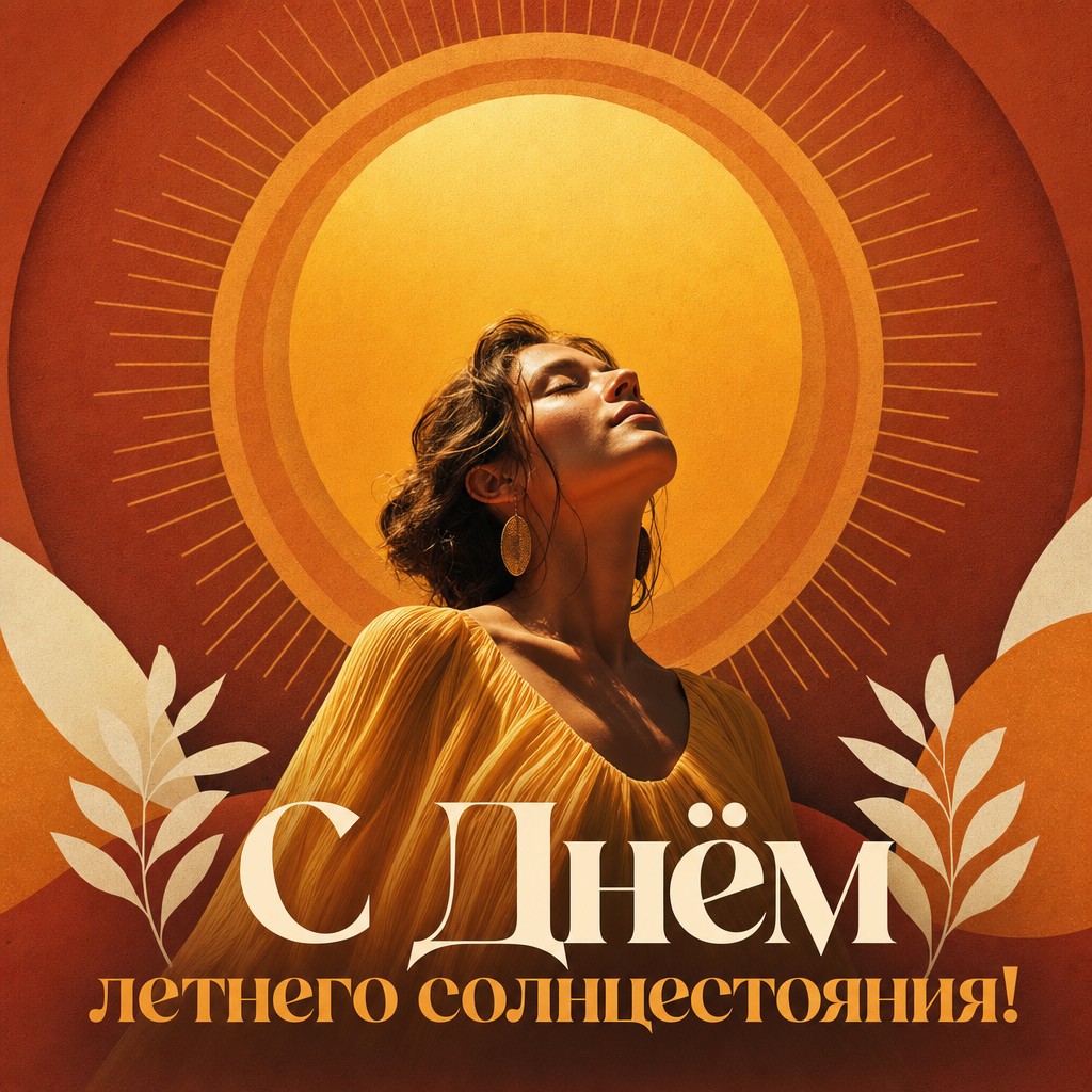 Современная открытка ко Дню летнего солнцестояния с крупным графическим солнцем и тёплой палитрой.