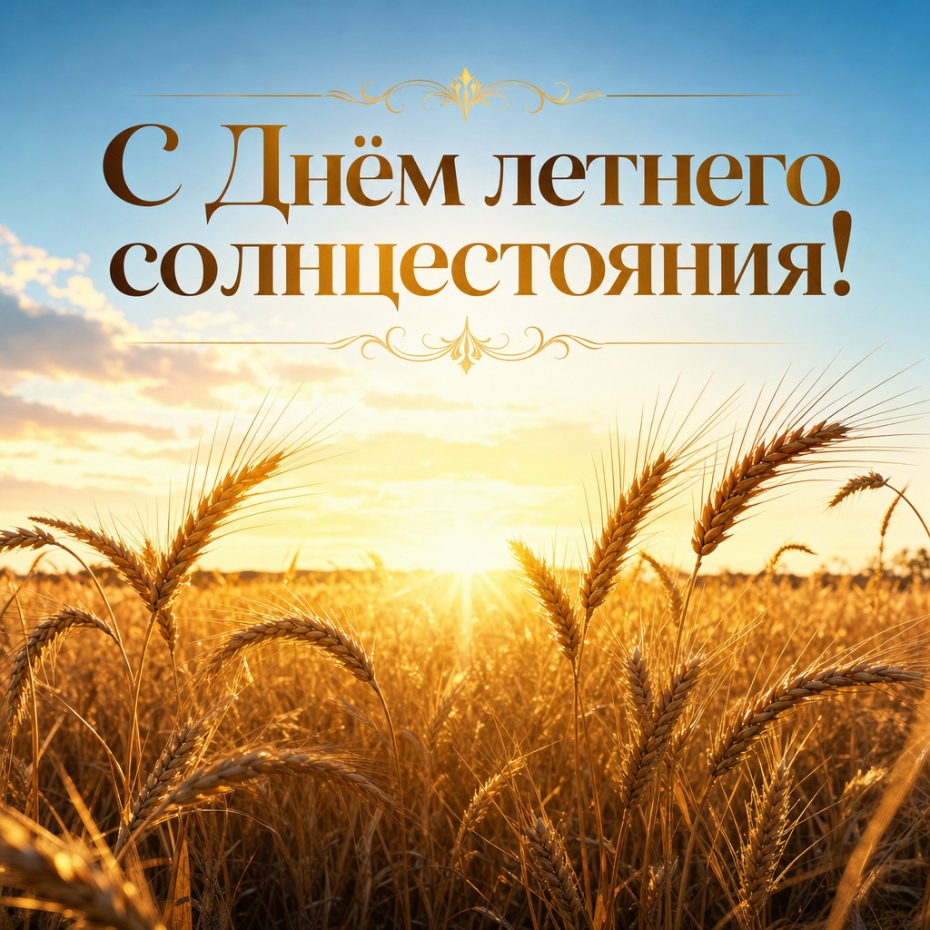 Премиальная открытка ко Дню летнего солнцестояния с золотым солнцем, пшеничным полем и тёплым летним светом.