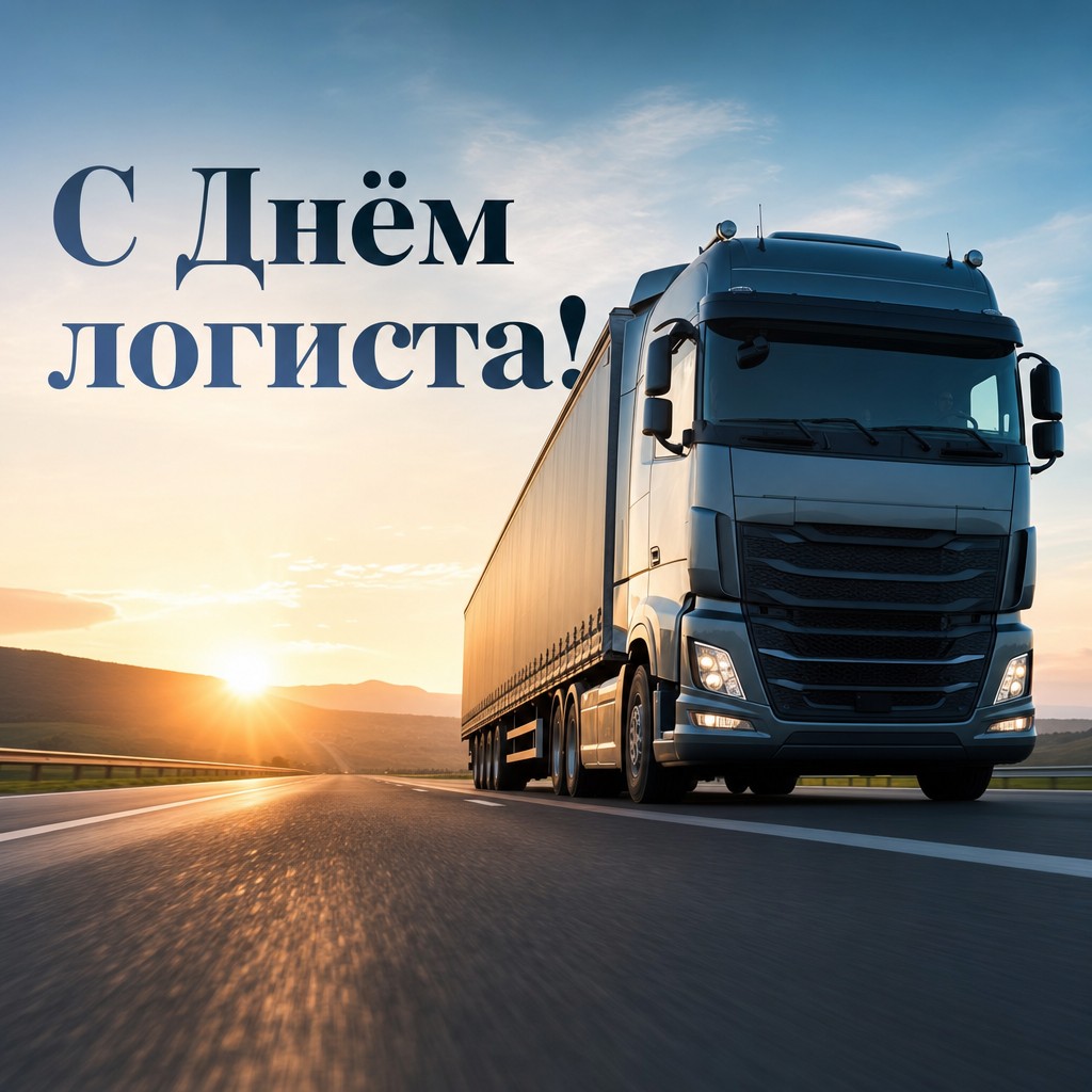 Стильная открытка с Днём логиста: грузовик на рассветной трассе, премиальная фотографичная атмосфера.