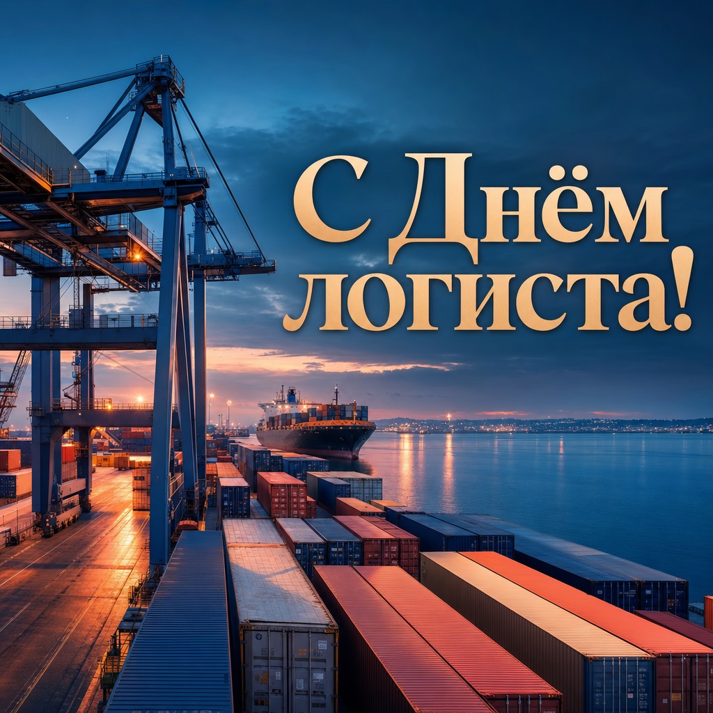 Эффектная открытка с Днём логиста: контейнерный порт, кран и кинематографичный свет.