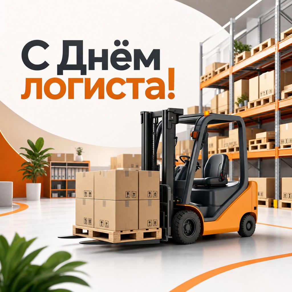 Современная 3D-открытка с Днём логиста: погрузчик, паллеты и аккуратный склад.