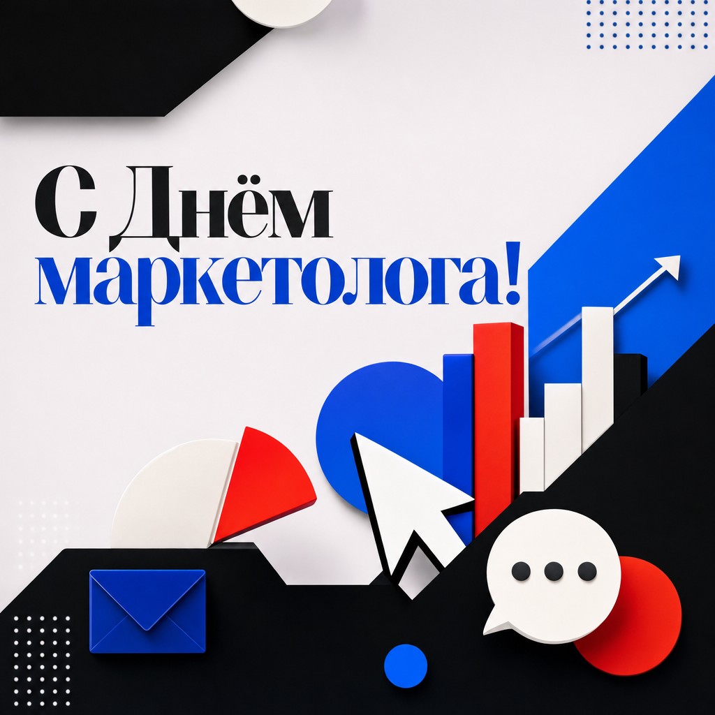 Современная открытка с Днём маркетолога в графичном стиле с иконками кампаний и аналитики.