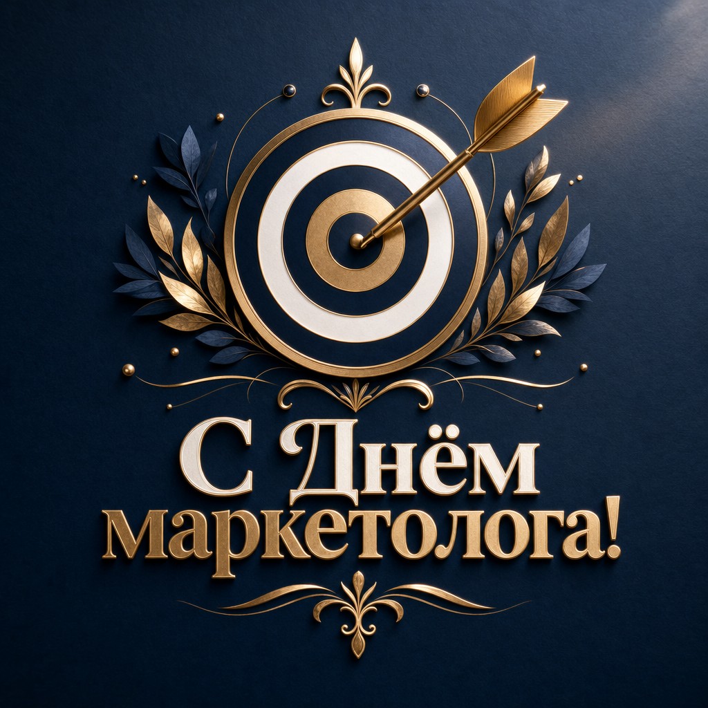 Роскошная открытка с Днём маркетолога с золотой стрелой, попавшей точно в цель.