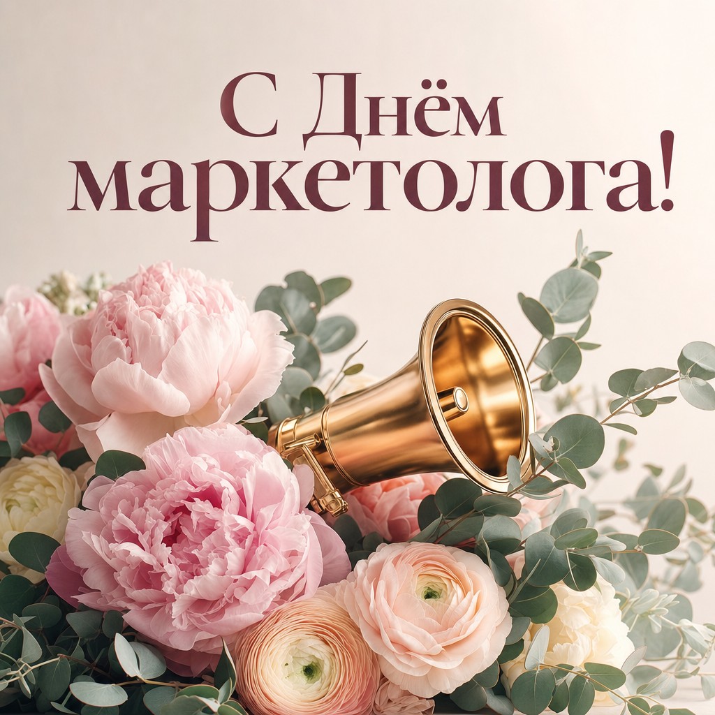 Нежная открытка с Днём маркетолога: золотой мегафон среди свежих цветов в премиальном стиле.