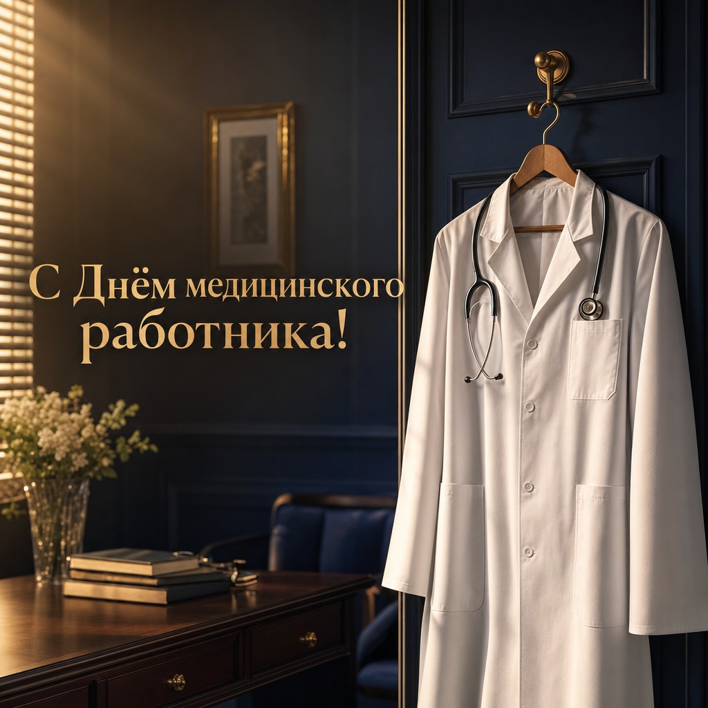Элегантная открытка ко Дню медицинского работника с белым халатом в кинематографичном свете.