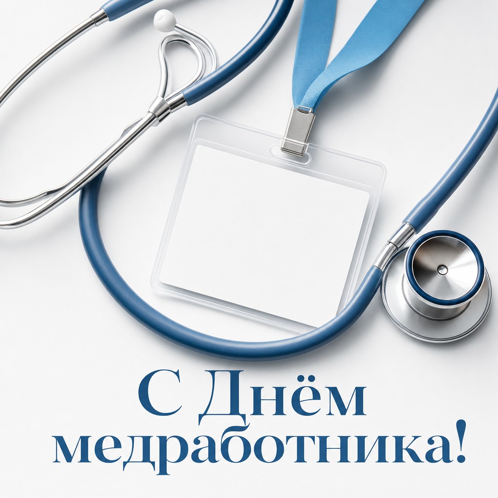 Современная минималистичная открытка ко Дню медицинского работника с бейджем врача и стетоскопом.
